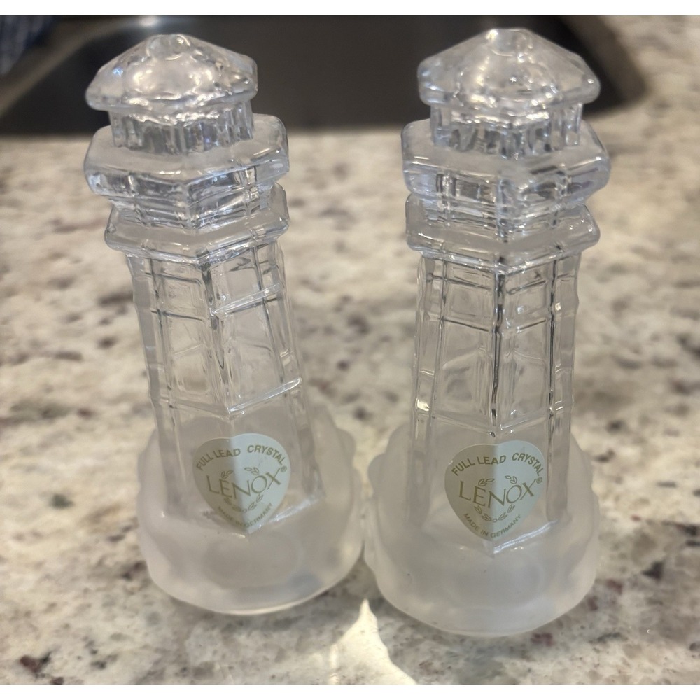 4" LENOX Lighthouse Salt & Pepper Shakers Lead Crystal Germany Pristine